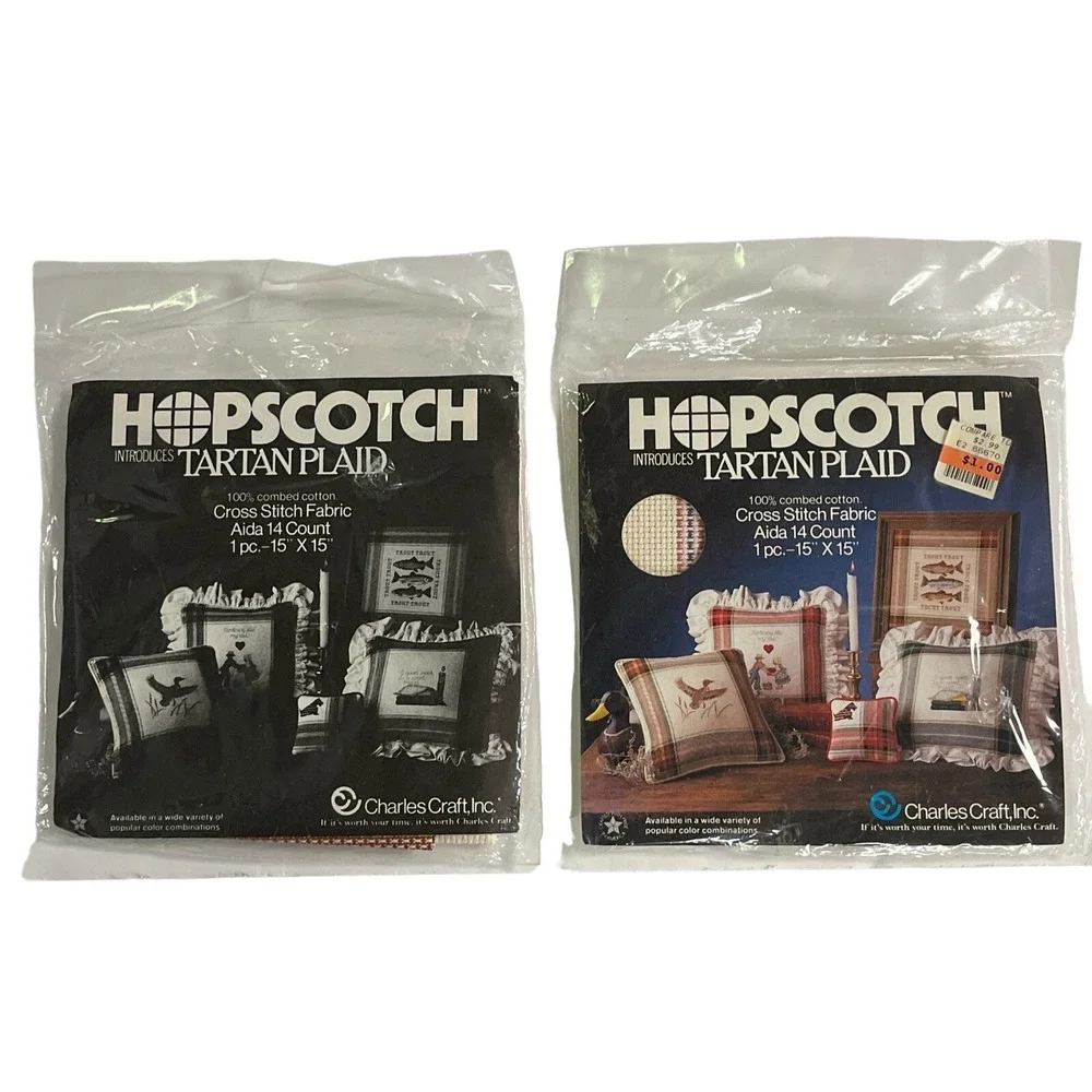 Cross Stitch Charles Craft Hopscotch Tartan Plaid 2pc Lot Fabric Aida 14ct 15x15